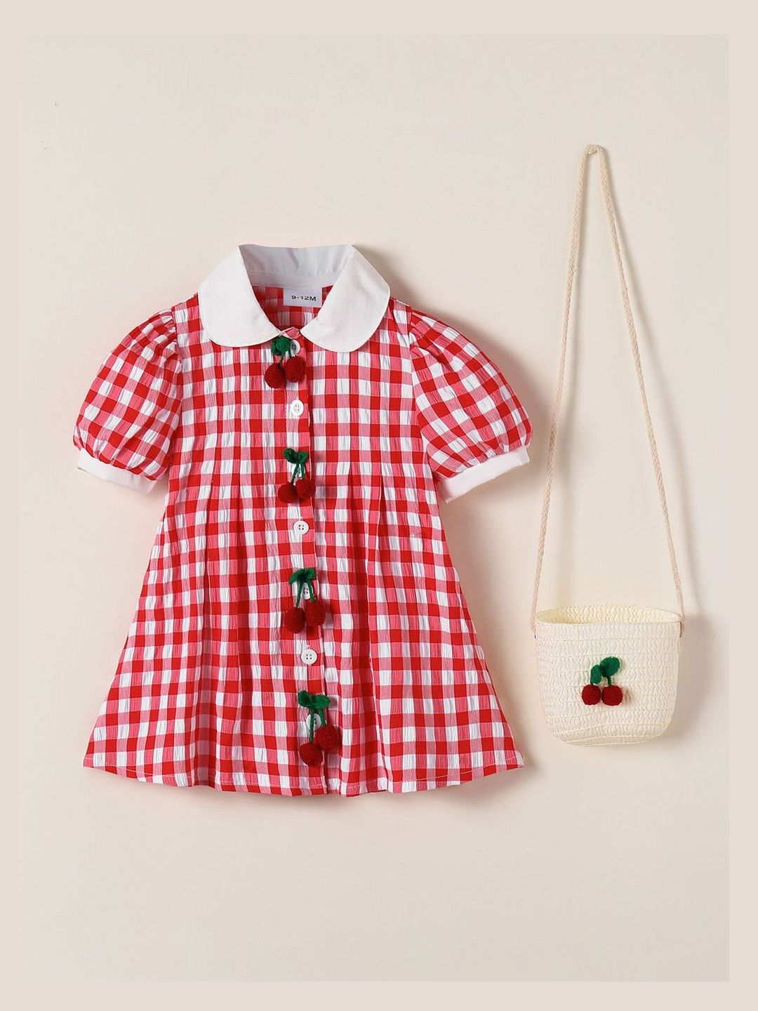 Checks Cherry Applique Dress with Bag