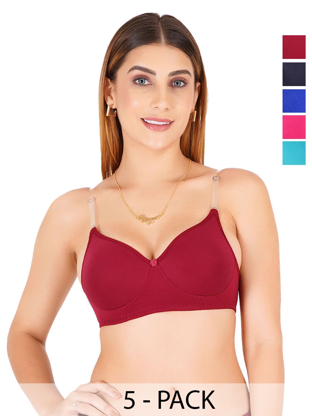 Liigne Women Pack of 5 Full Coverage Lightly Padded Non-Wired T-shirt Bra-picture-50