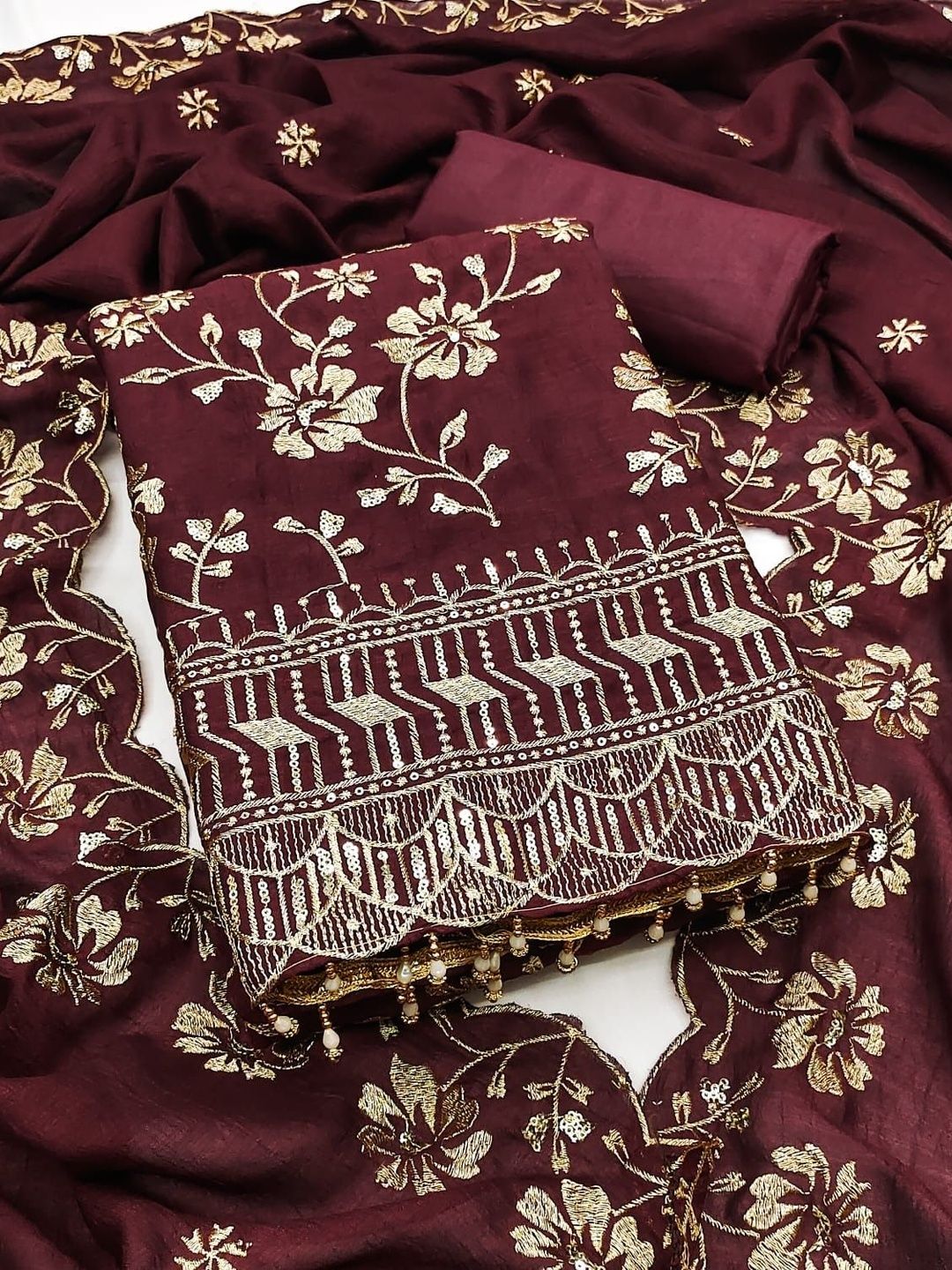 Maroon Vichitra Silk Embroidery Work Unstitched Dress Material-image-44