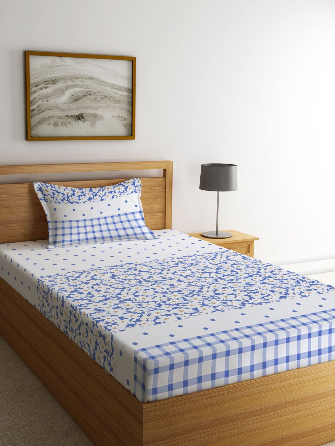 Myntra Elegant Homes White & Blue Floral Printed 300 TC Single Bedsheet Set-picture-37