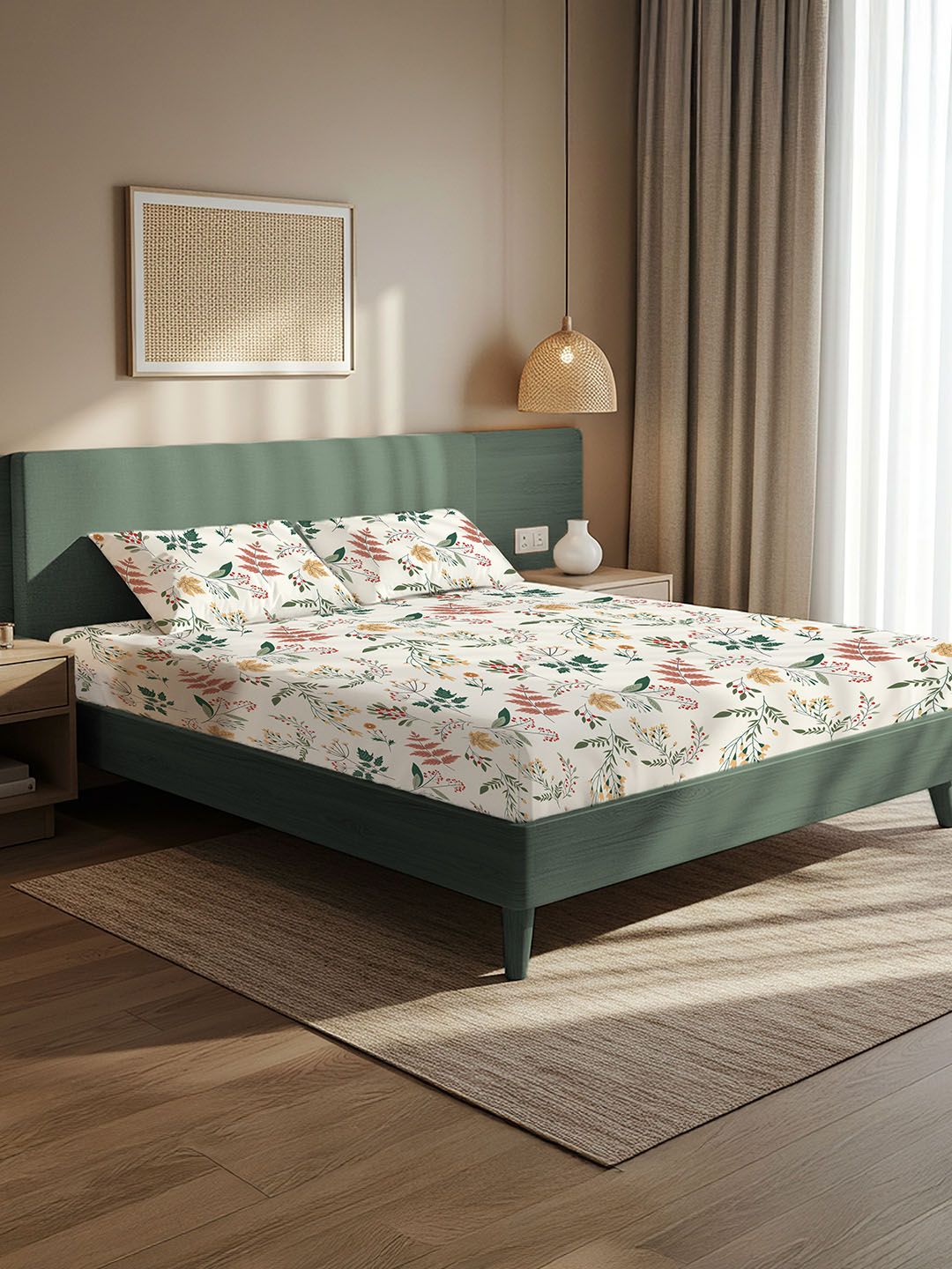 URBAN SPACE White & Green Floral Microfiber 200 TC Double King Bedsheet Set-2.28mx2.74m-picture-11
