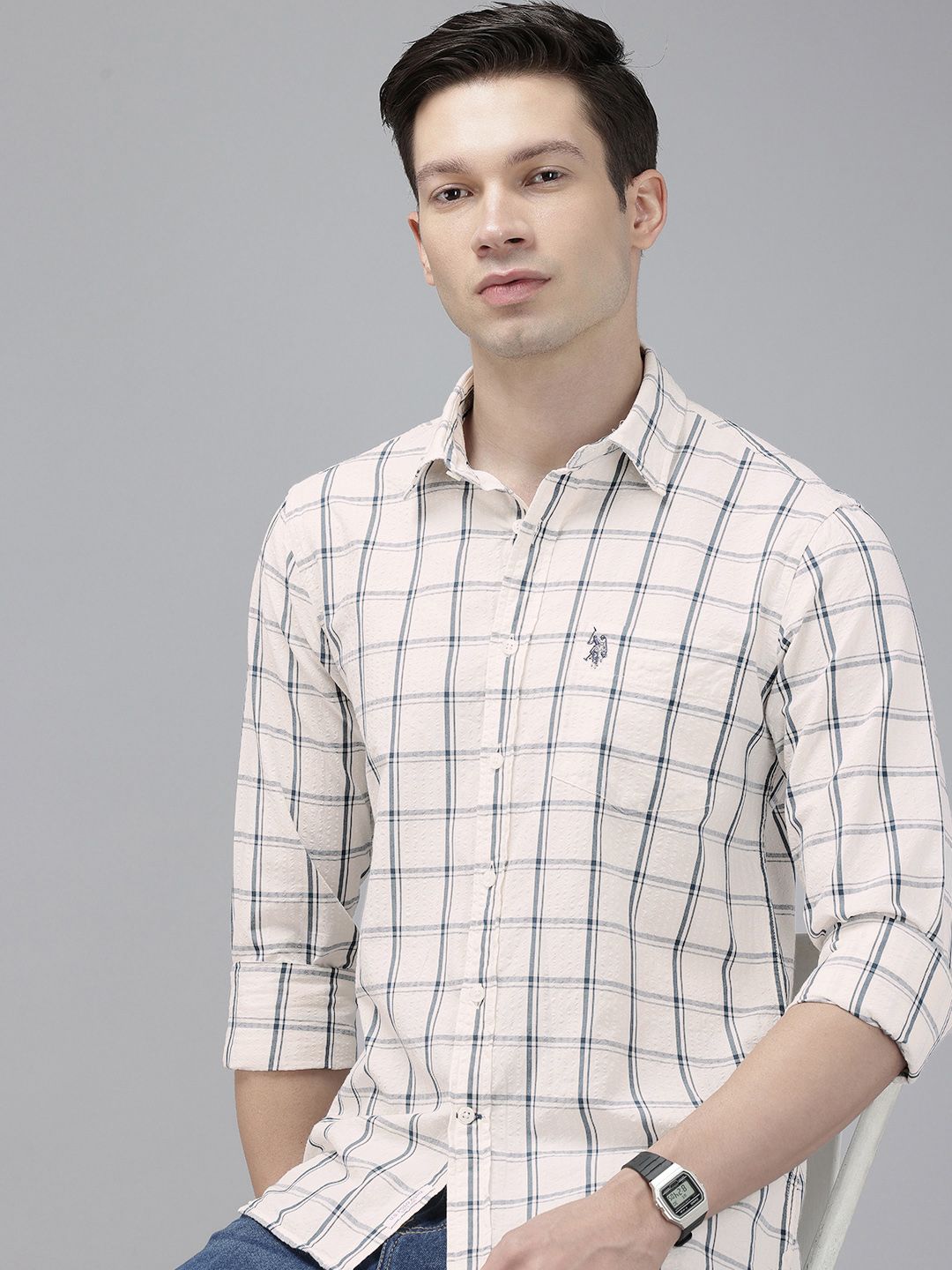 U.S. Polo Assn. Tailored Fit Seersucker Checked Pure Cotton Casual Shirt-picture-41