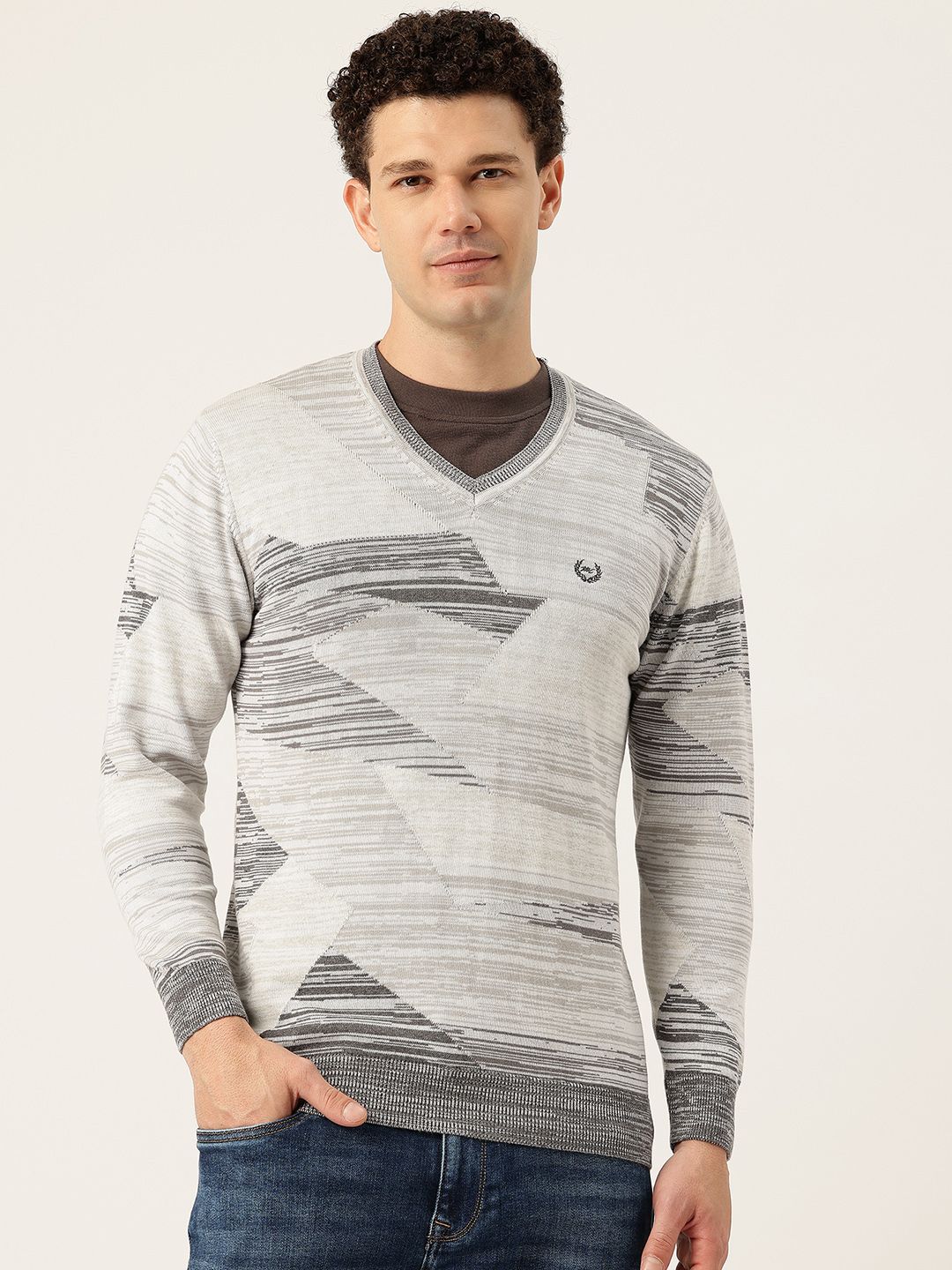 Monte Carlo Geometric Self-Design V-Neck Pure Cotton Pullover-picture-26