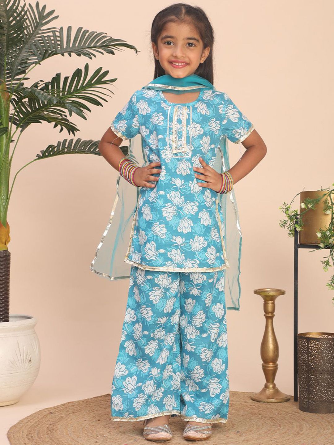 Cutiekins Girls Floral Printed Round Neck Gotta Patti Kurta With Palazzos & Dupatta-picture-13