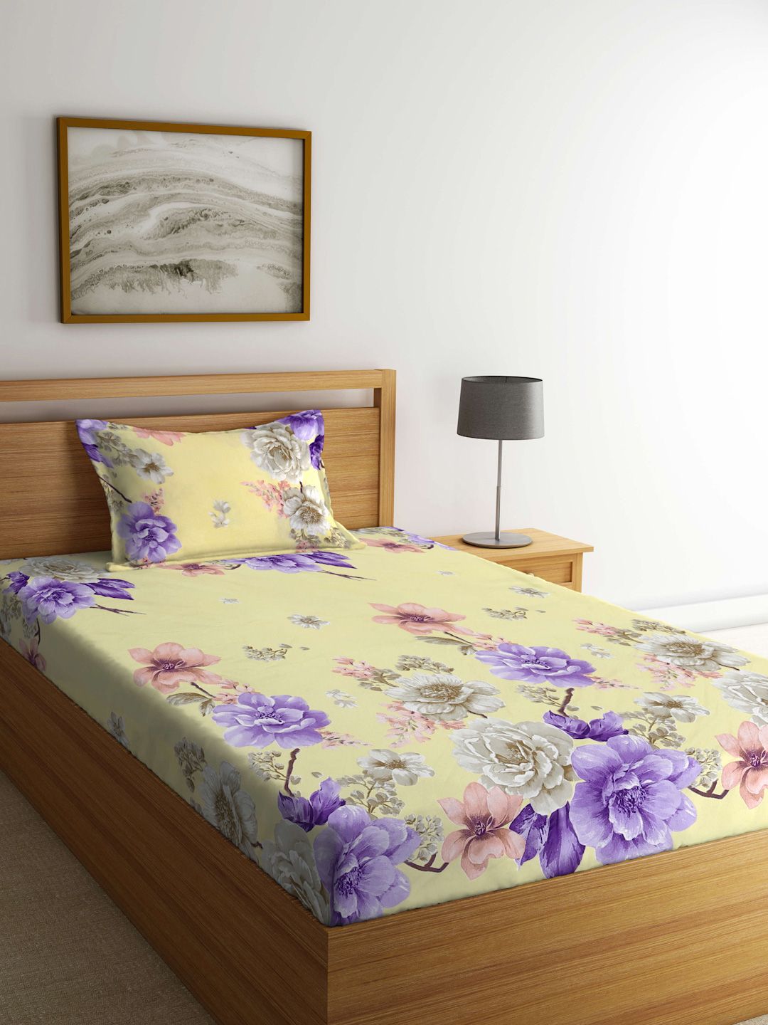 Myntra Elegant Homes Yellow & Purple Floral Printed 300 TC Single Bedsheet Set-picture-36