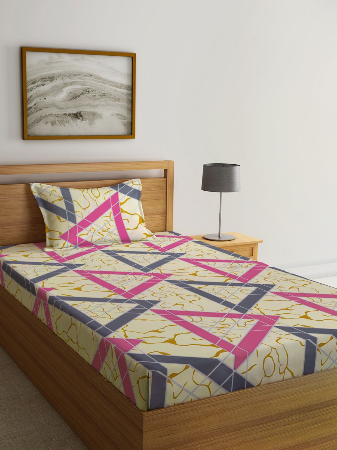 Myntra Elegant Homes Beige & Pink Geometric Printed 300 TC Single Bedsheet Set-picture-21