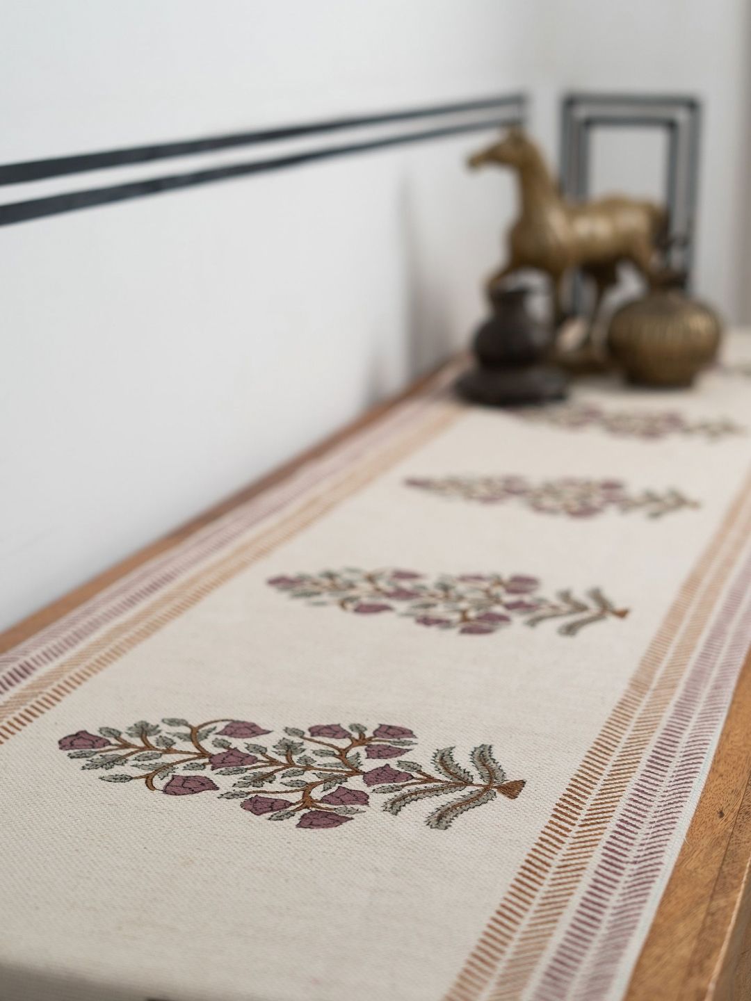 Baarno Beige & Brown Floral Printed Pure Cotton Table Runners