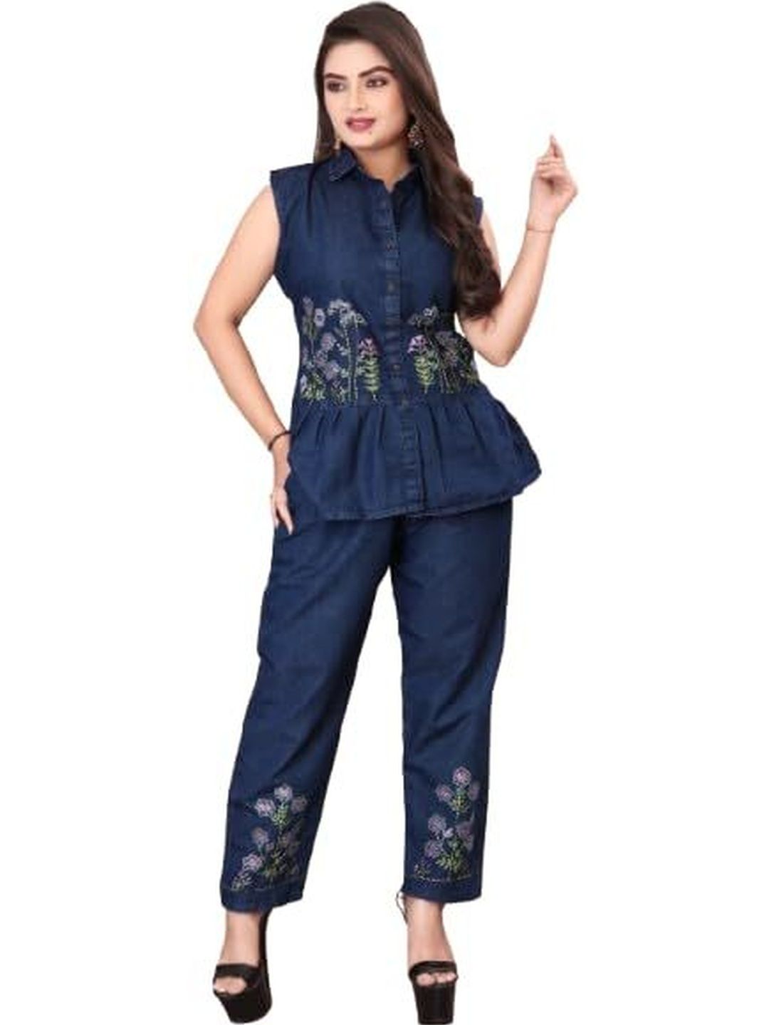 Garbista Women Blue Floral Print Sleeveless Kurti & Palazzo Set-picture-12