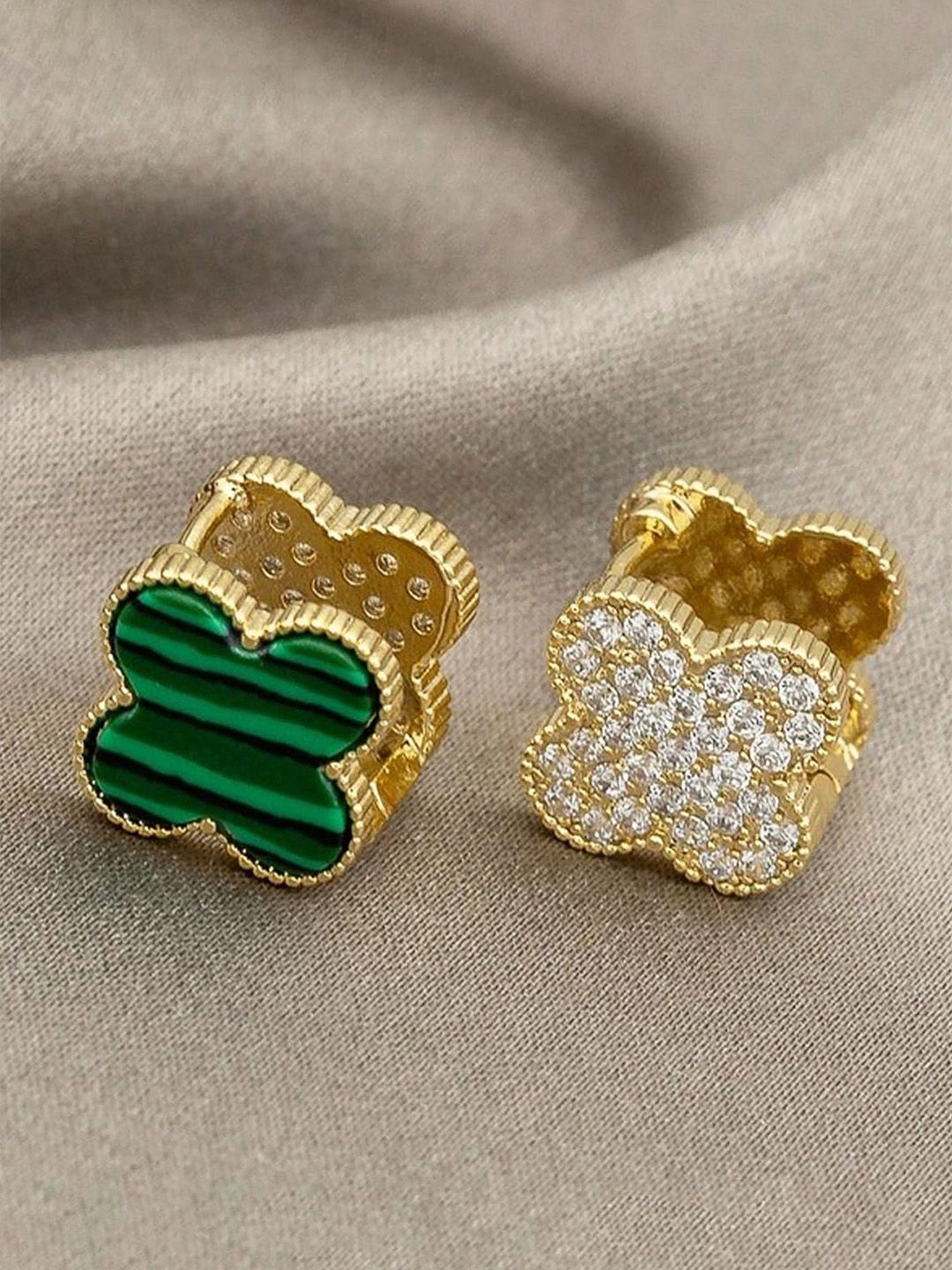 VAMA 18K Gold-Plated Crystals Studded Anti Tarnish Double Sided Floral Shaped Studs-picture-14