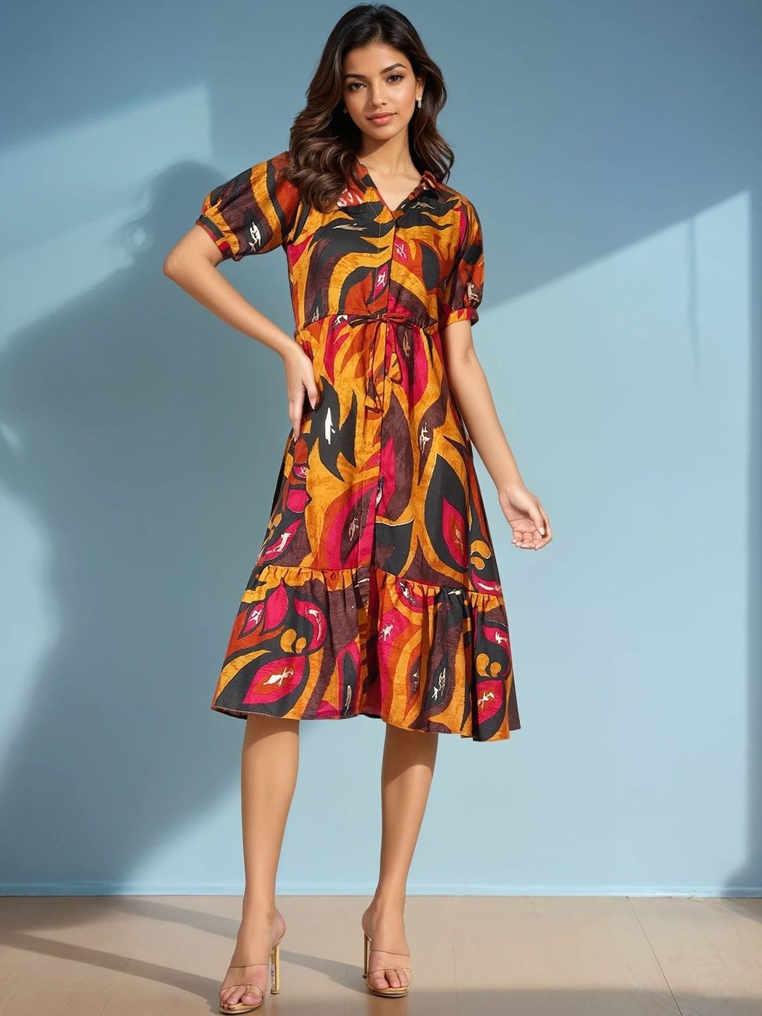 STARWORD Women Shirt Collar Crepe Fit-Flare Dress-picture-16