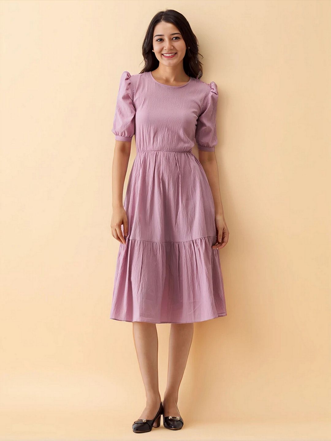 AASK Puff Sleeve Crepe Formal Fit & Flare Midi Dress-picture-36