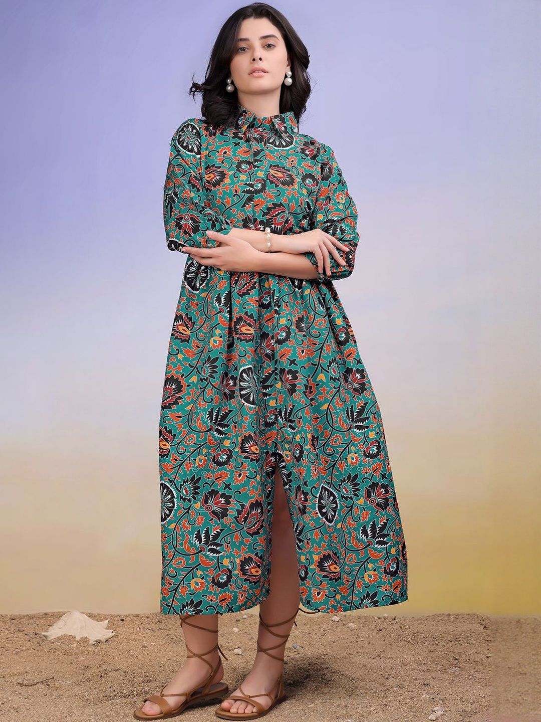 PURVAJA Floral Print Shirt Collar Puff Sleeve Fit & Flare Maxi Dress-picture-32