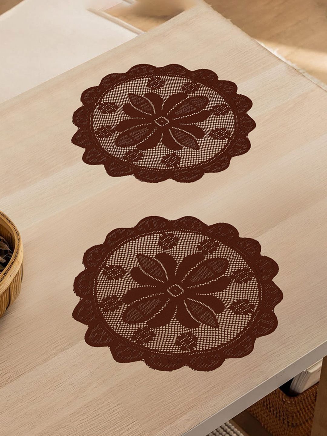 Aura Maroon 2 Pieces Self-Design Cotton Round Shape Table Placemats-picture-34