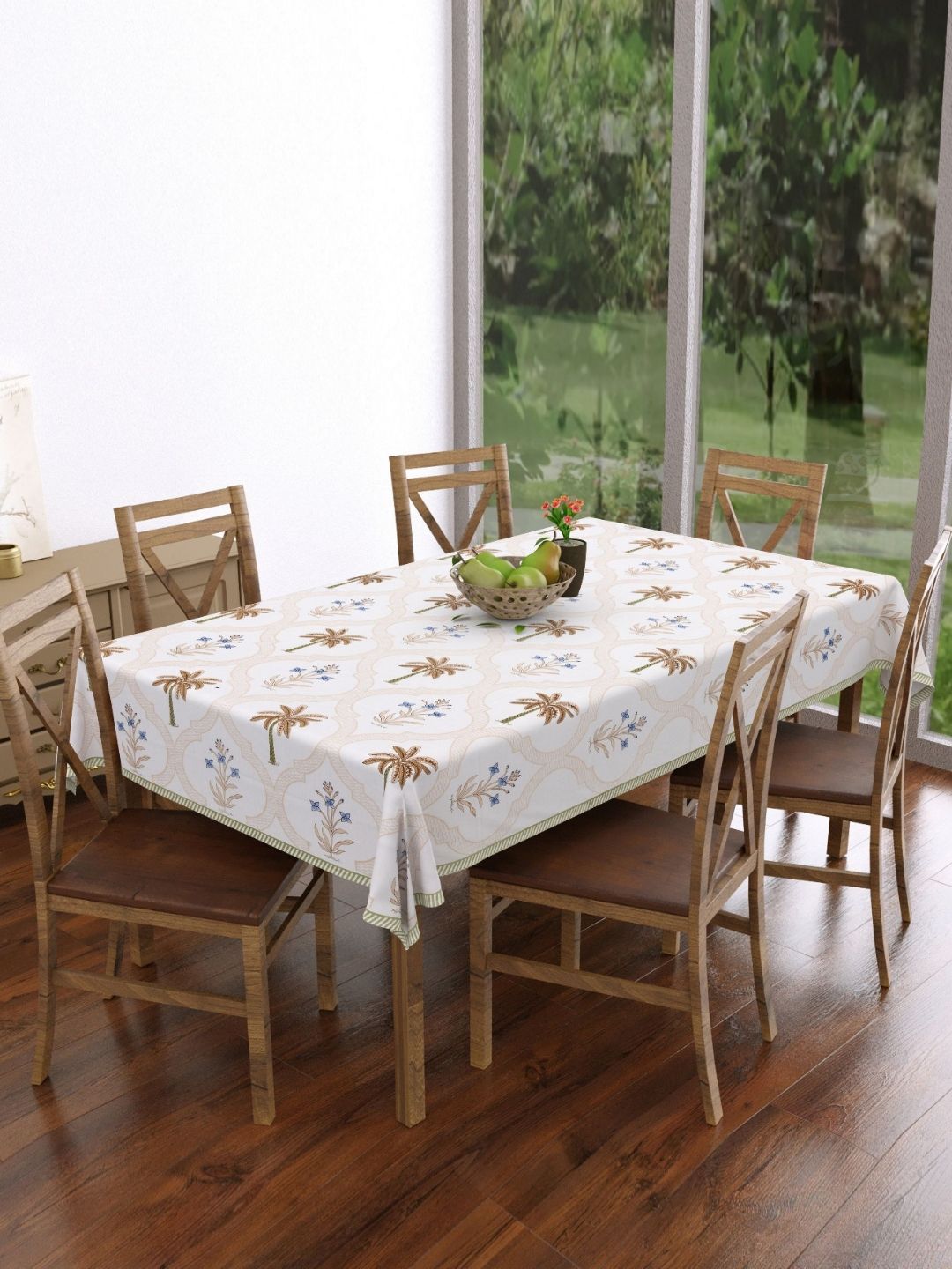 Texstylers White & Brown Floral Printed Pure Cotton 6-Seater Rectangle Table Cover-picture-39
