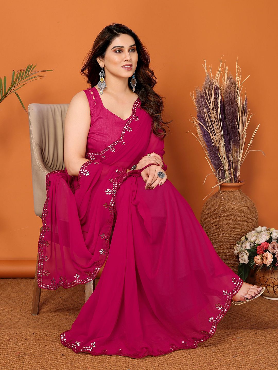 Mitera Mirror Work Poly Georgette Saree-picture-37