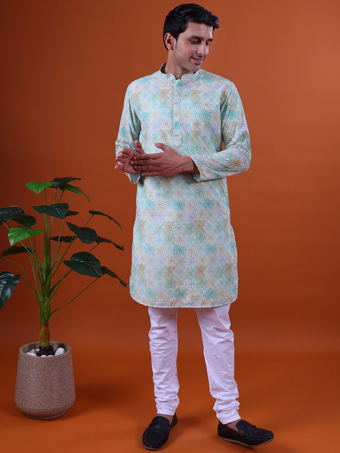 NAMASKAR Men Floral Printed Regular Pure Cotton Kurta with Churidar-picture-10