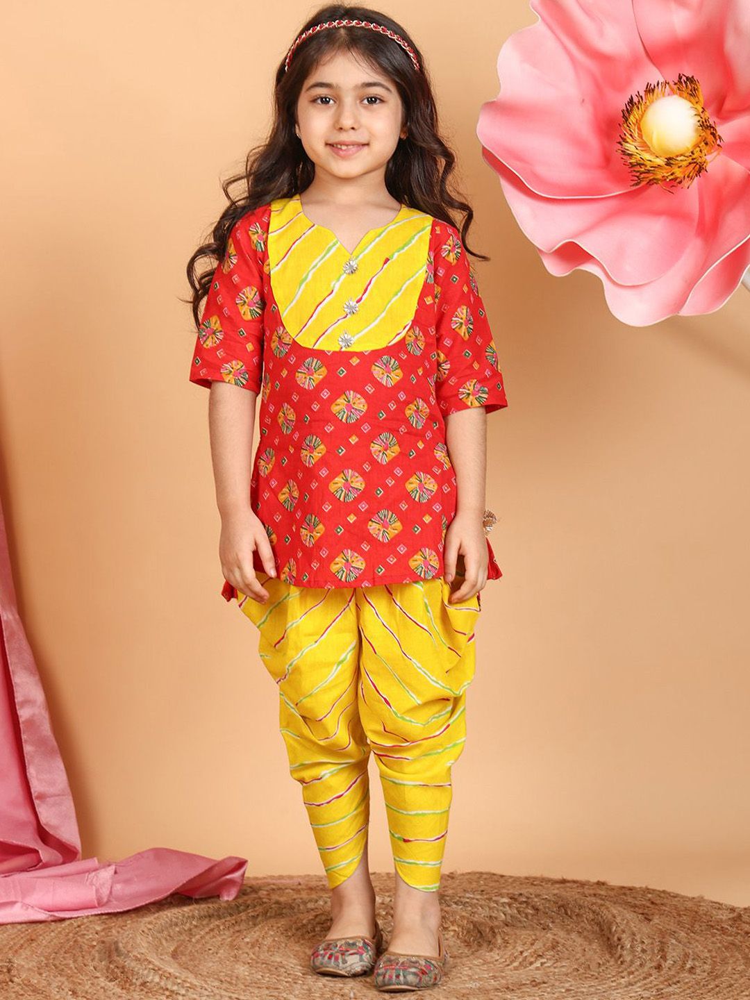 Here&Now X Kinder Kids Girls Ethnic Motifs Printed Pure Cotton Kurti with Dhoti Pants-picture-21