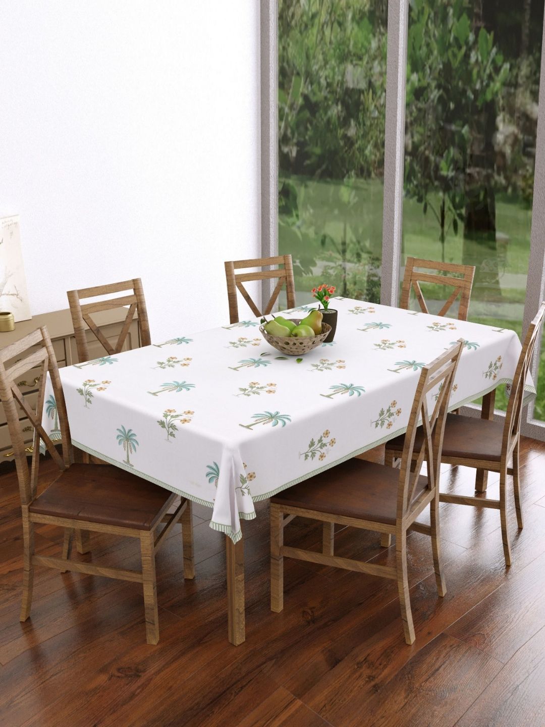 Texstylers White & Green Floral Printed Pure Cotton 6-Seater Rectangle Table Cover