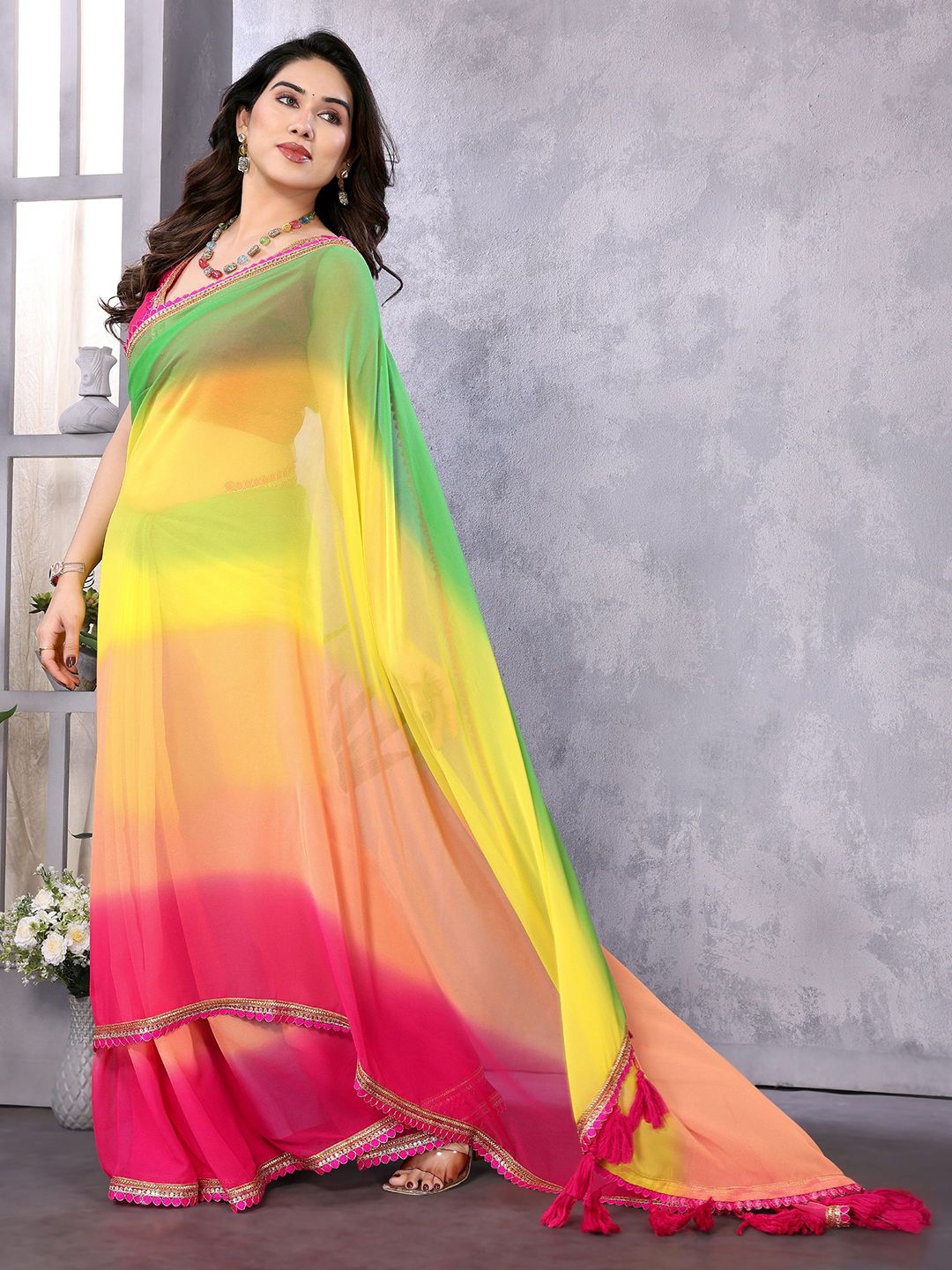 Mitera Tie and Dye Embroidered Border Saree With Blouse Piece-picture-37