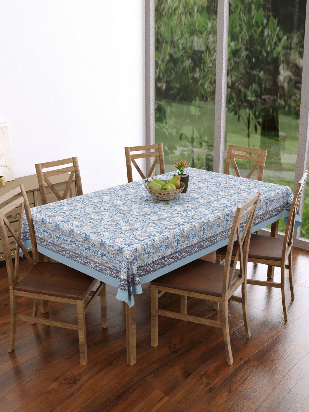 Texstylers Blue Floral Printed Rectangle Anti-Slip Pure Cotton 6-Seater Table Cover-picture-13