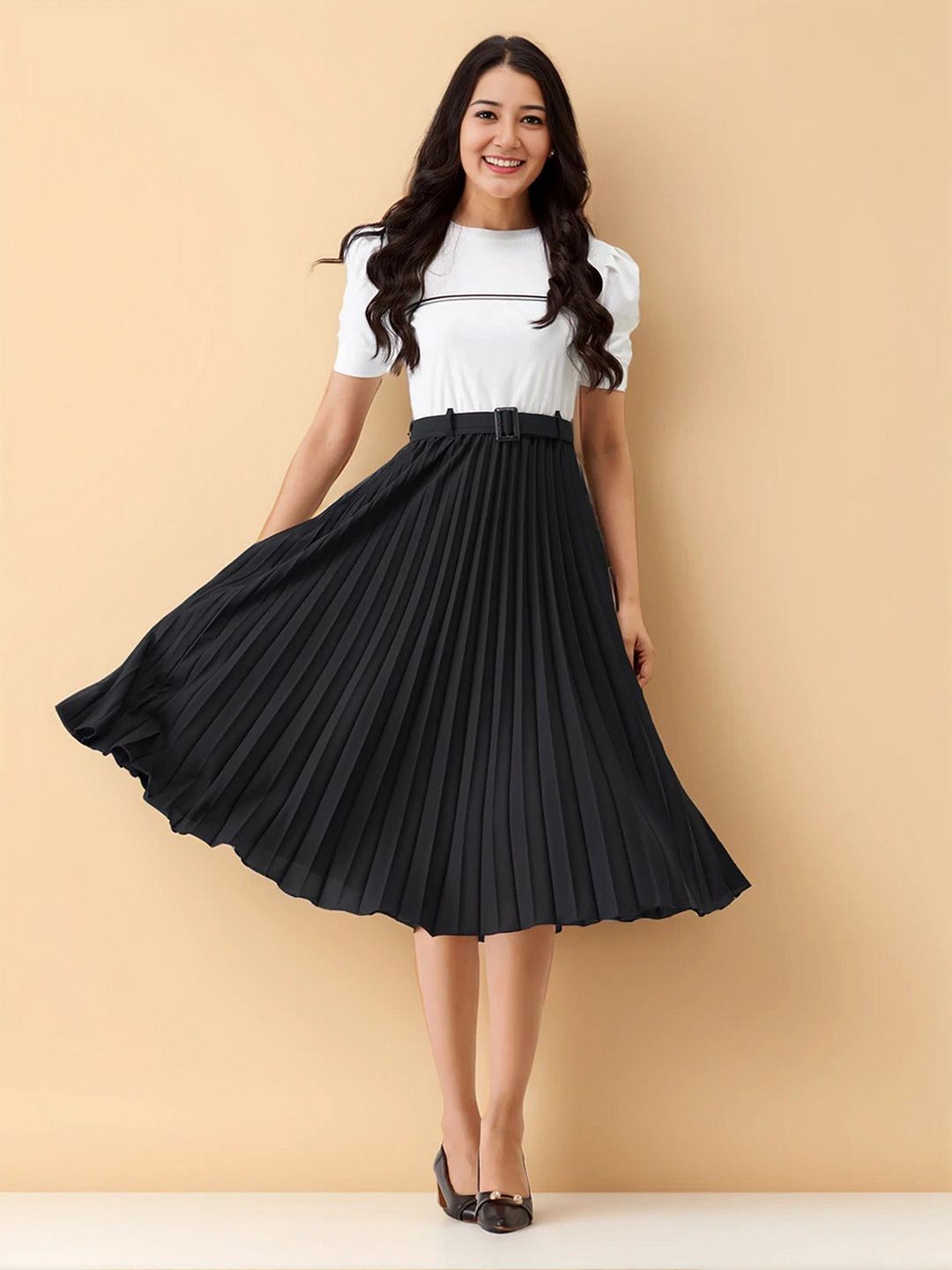 AASK Colourblocked Puff Sleeves Fit & Flare Midi Dress-picture-37