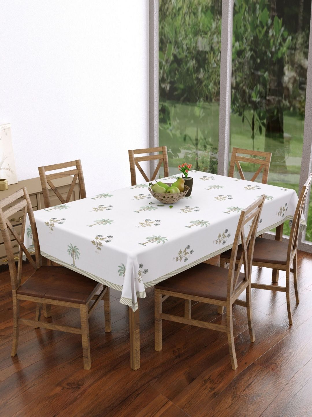 Texstylers White & Green Floral Printed Pure Cotton 6-Seater Rectangle Table Cover-picture-45