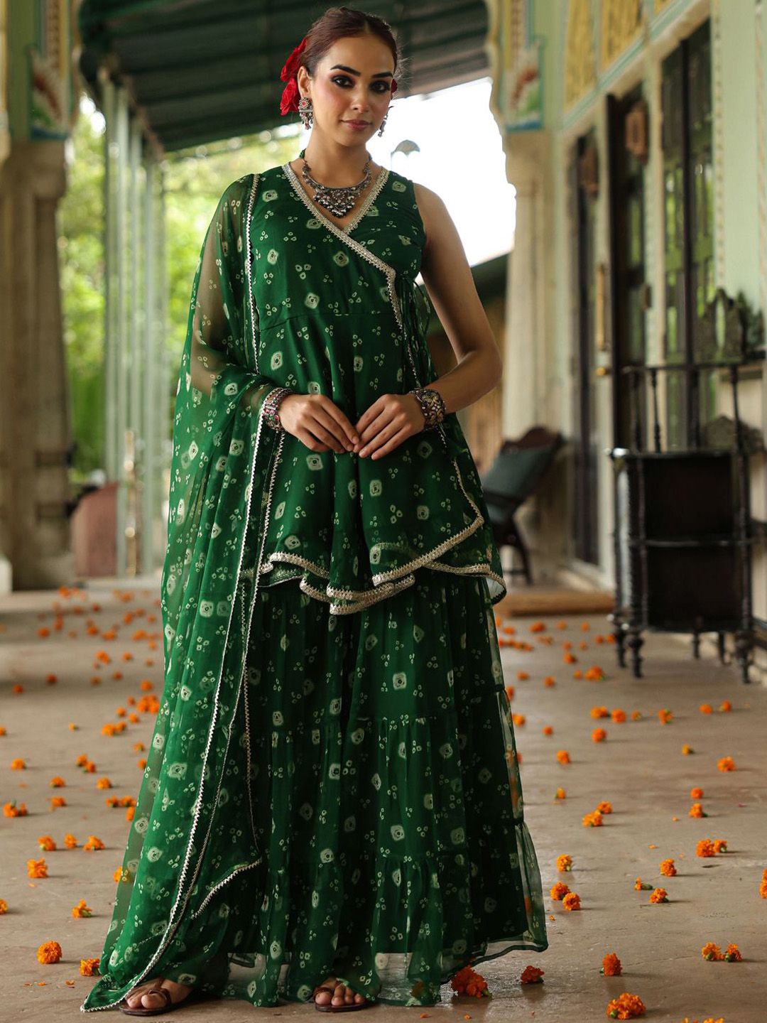 anayna Bandhani Printed V-Neck Gotta Patti Georgette Anarkali Kurti With Sharara & Dupatta-image-24