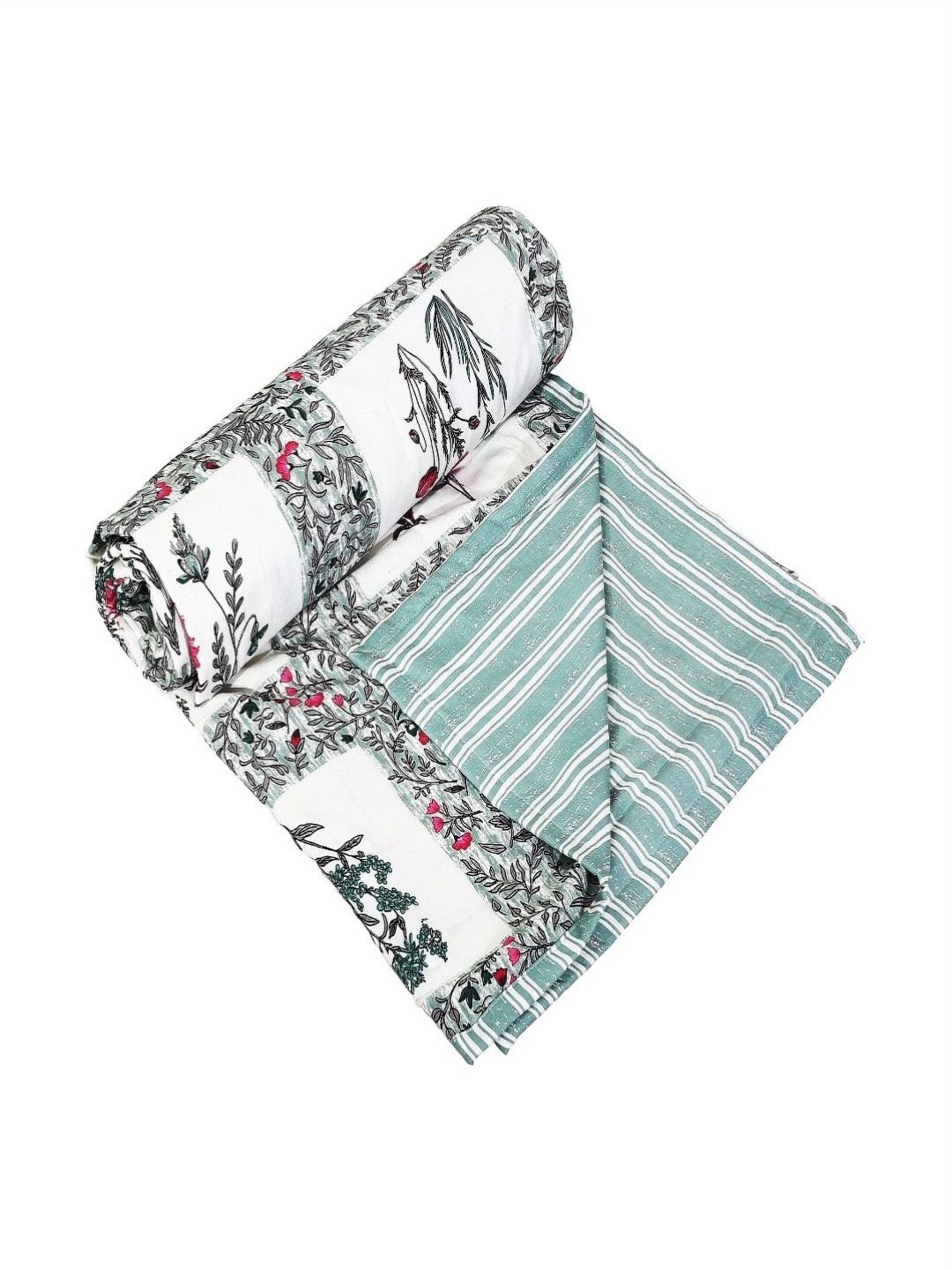 INDRA'S White & Green Floral Printed AC Room Cotton 110 GSM Double Bed Dohar-image-41