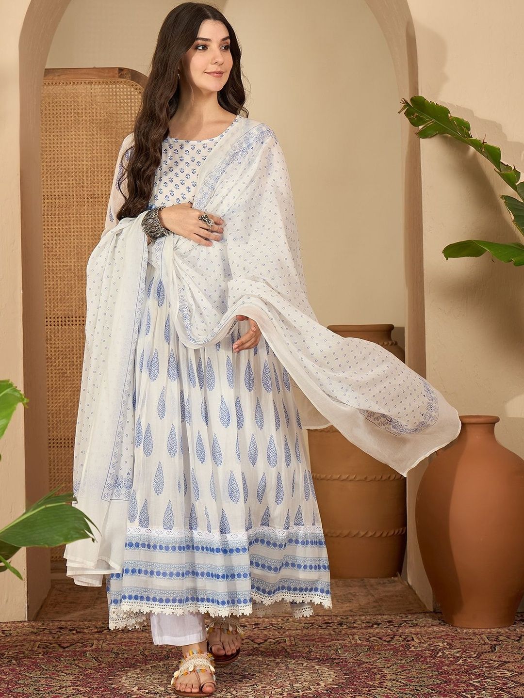 Sangria Women Cream & Indigo Blue Cotton Blend Ethnic Motifs Anarkali Kurta Set-picture-38