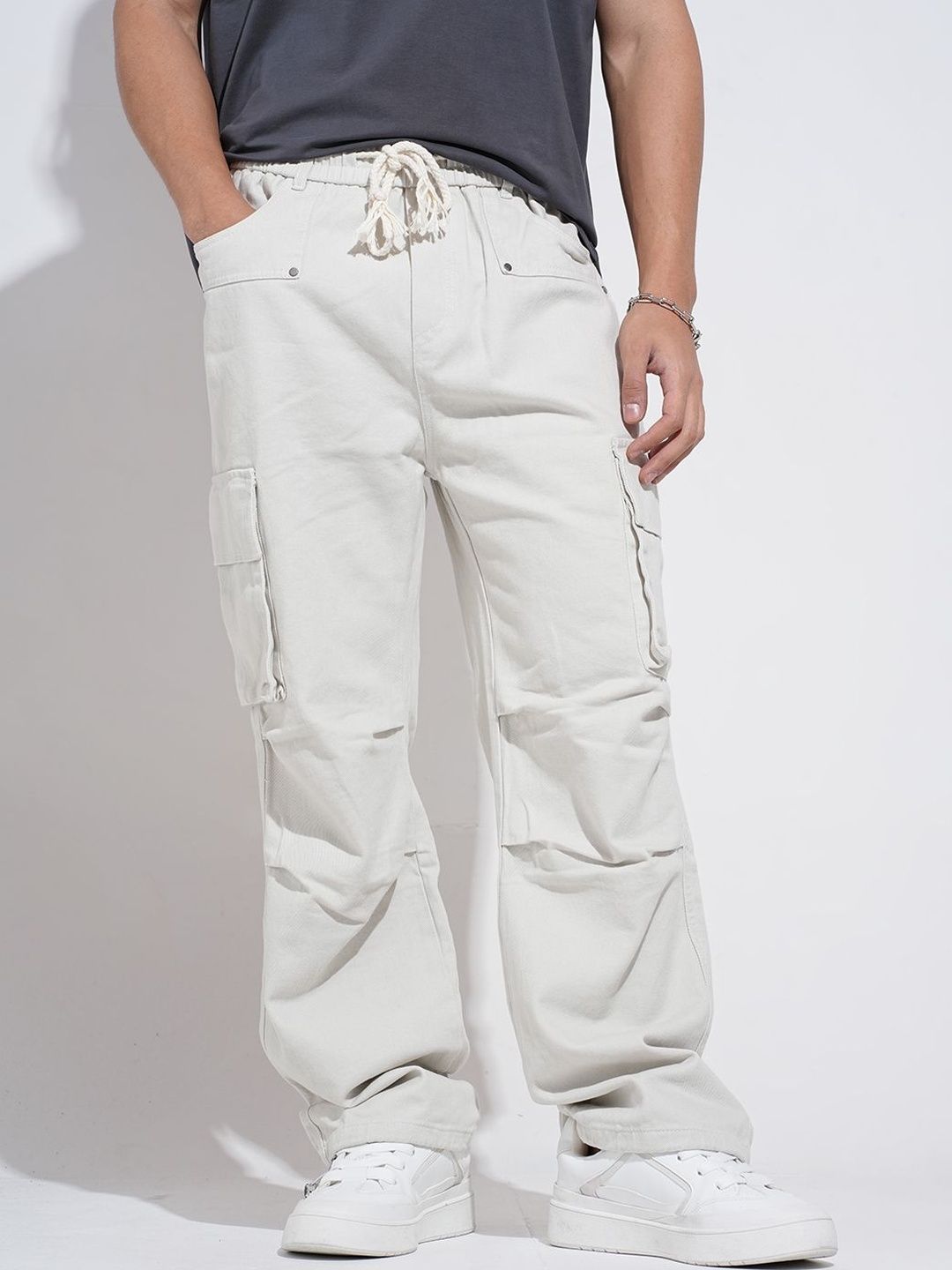 showoffff SHOWOFF Men Off White Relaxed Fit Cotton Cargos-picture-10