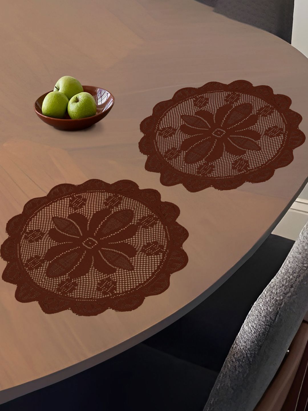 Aura Maroon 2 Pieces Self-Design Cotton Round Shape Table Placemats-picture-35