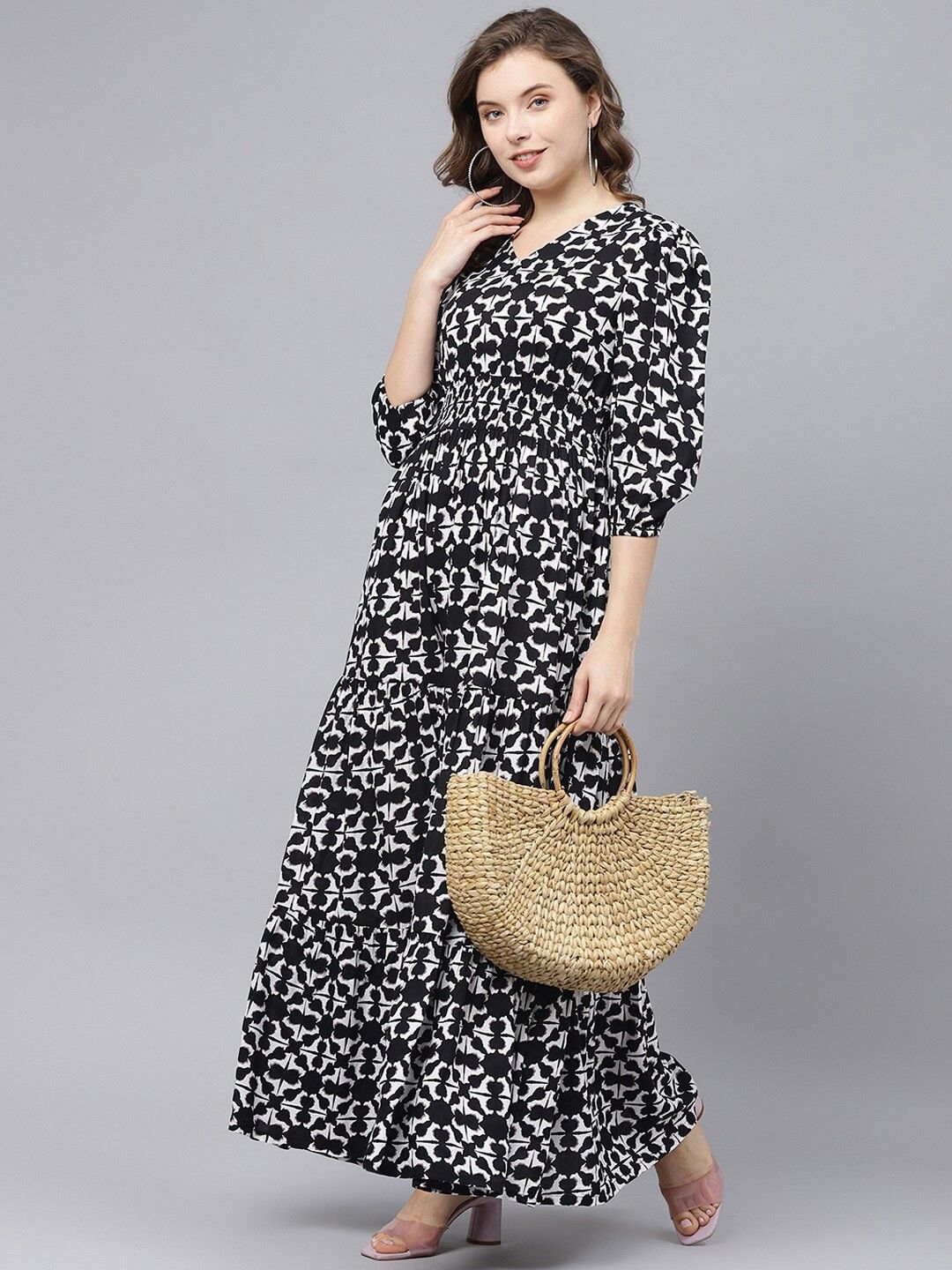 Raiyani Enterprise Women Printed Smocked Detail Monochrome Fit & Flare Maxi Dress-picture-13
