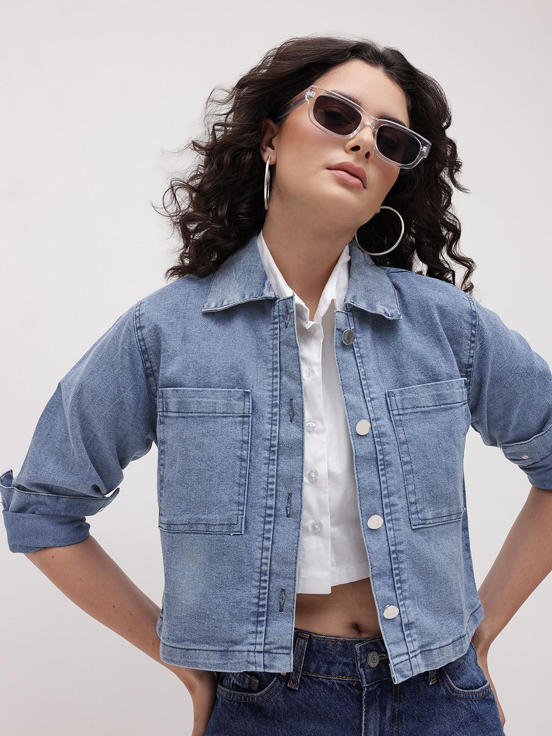 The Roadster Life Co. Spread Collar Crop Denim Jacket-image-44
