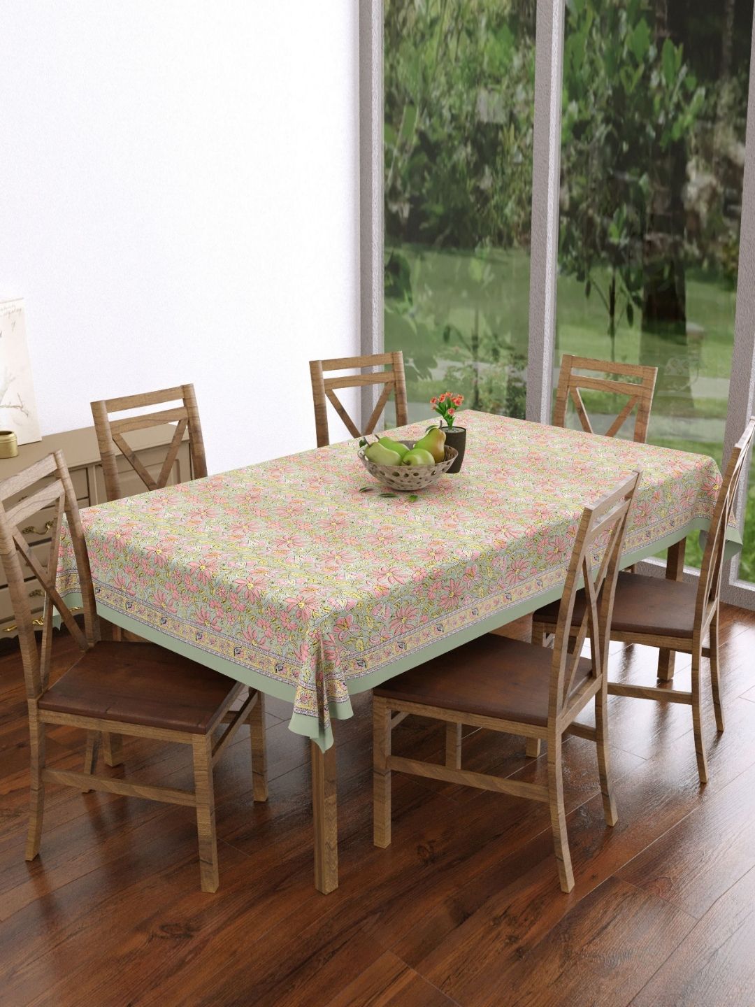 Texstylers Green & Peach Floral Printed Pure Cotton 6-Seater Rectangle Table Cover-picture-31