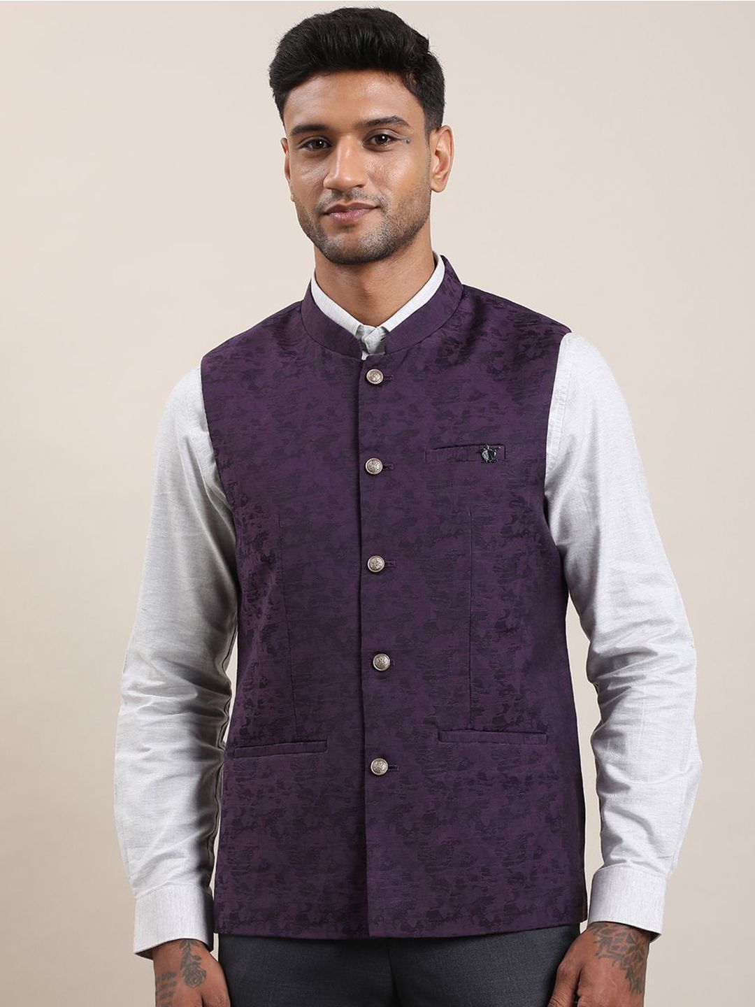 Turtle Woven Design Tailored-Fit Nehru Jacket-picture-32