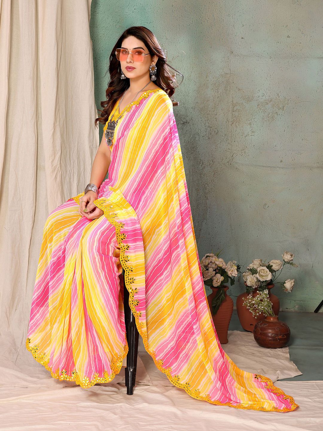 Mitera Mirror Work Poly Georgette Saree-picture-20