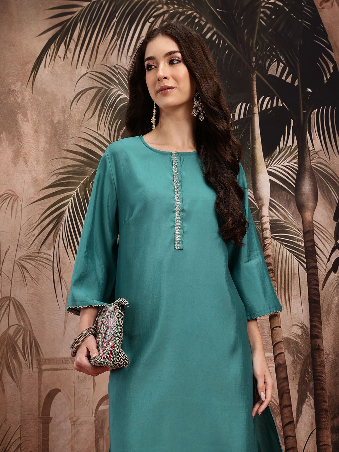 Sangria Women Thread Work and Sequin Detail Flared Sleeves Kurta-image-10