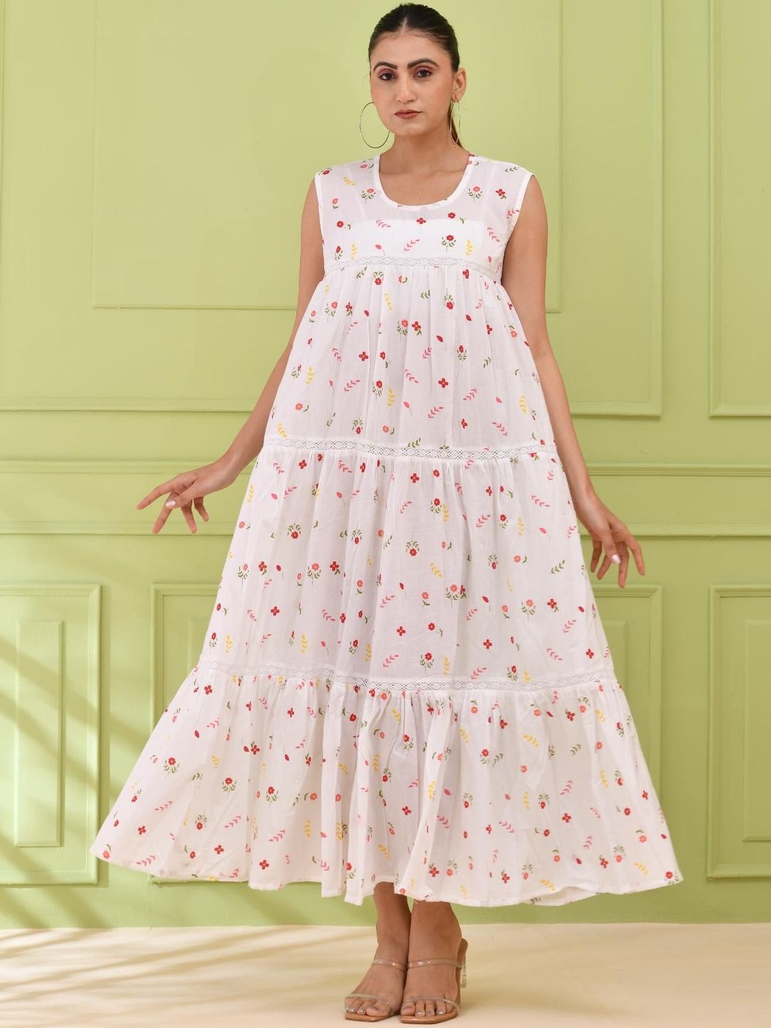 SIDDHO HUM Women Round Neck Floral Print Tiered Cotton A-Line Dress-picture-20