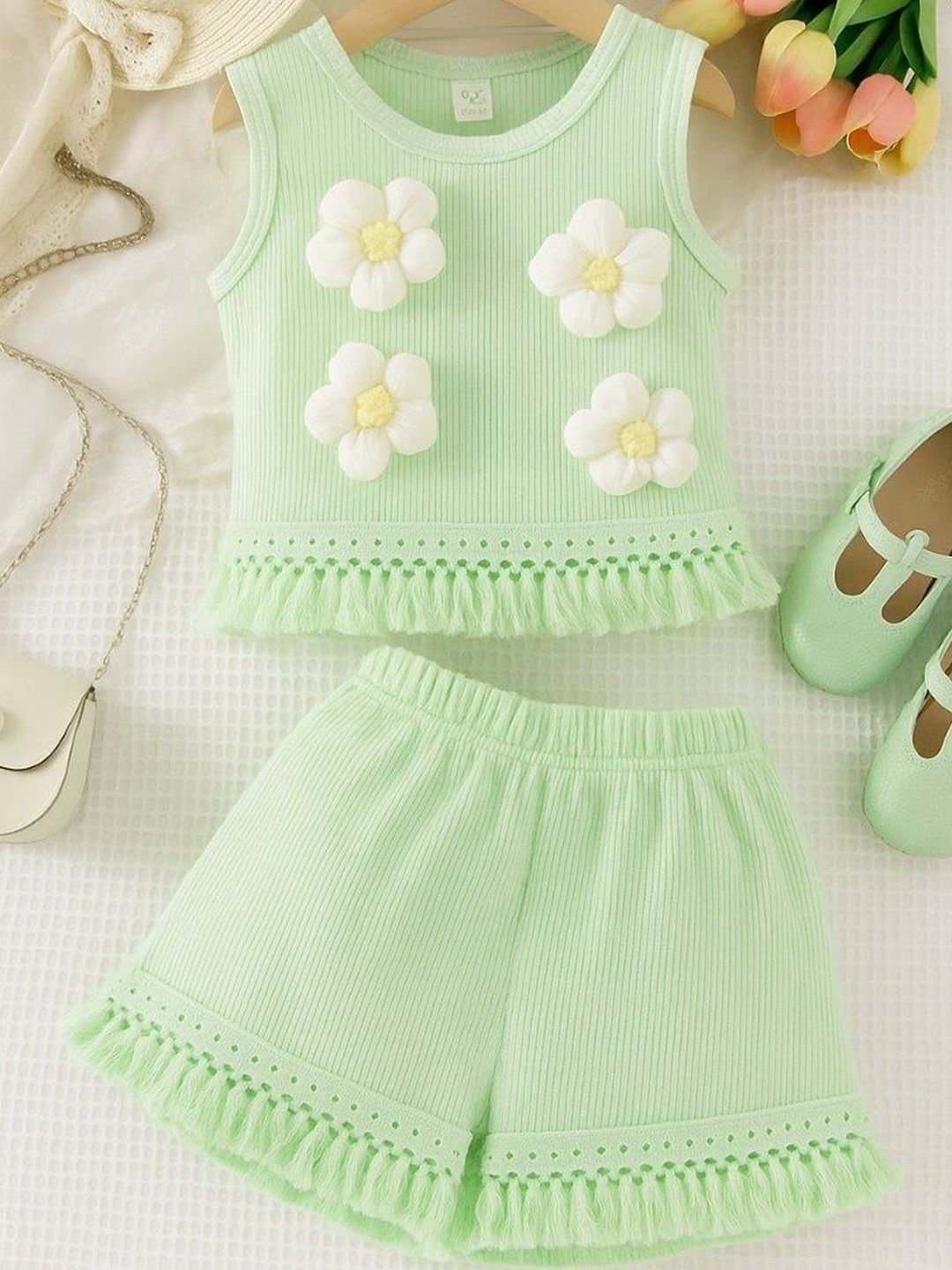 Jhilik Garments Girls Green Floral Applique Ribbed Sleeveless Fringed Cotton Top & Shorts-picture-16