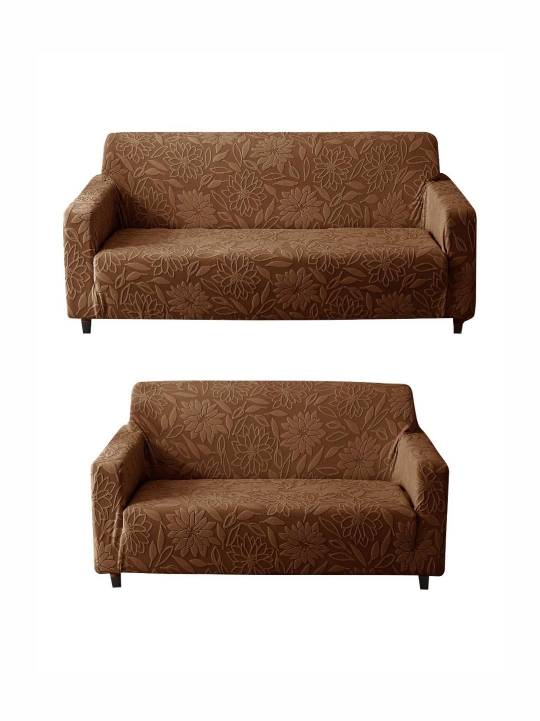HOUSE OF QUIRK Camel Brown Jacquard 3+2 Seater Floral Waterproof Sofa Cover With Arms-image-1