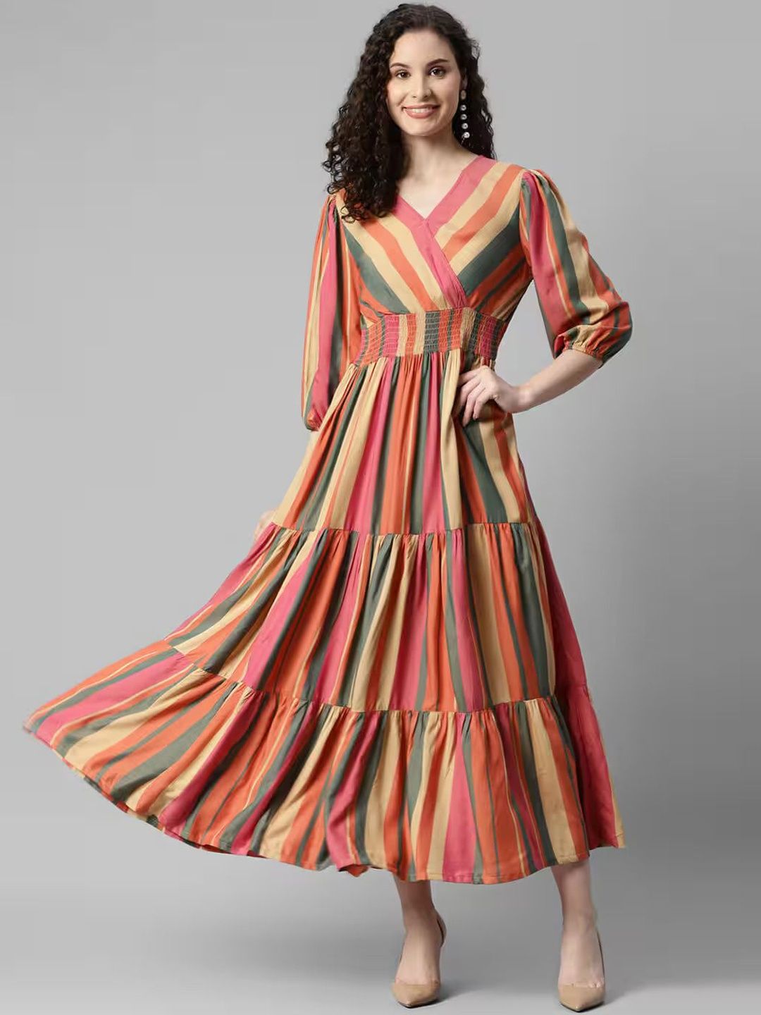 Femvy Women Colourblocked Tiered Smocked Detail Fit & Flare Maxi Dress-picture-39