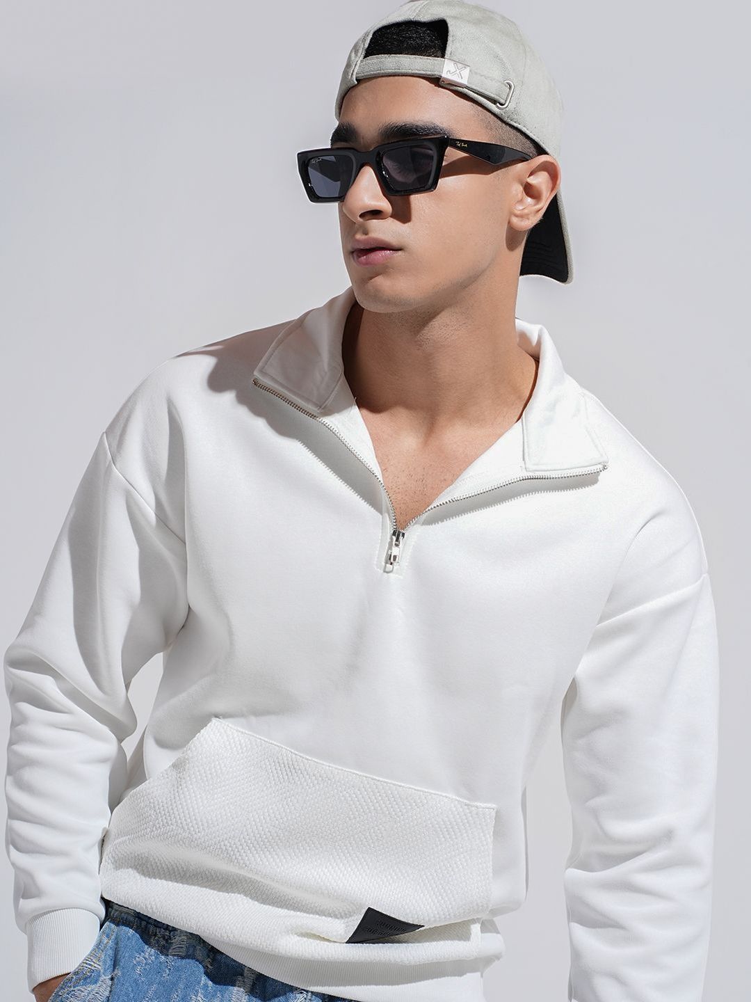 SHOWOFF Men White High Neck Ribbed Slim Fit Sweatshirt with Half Zipper-picture-30