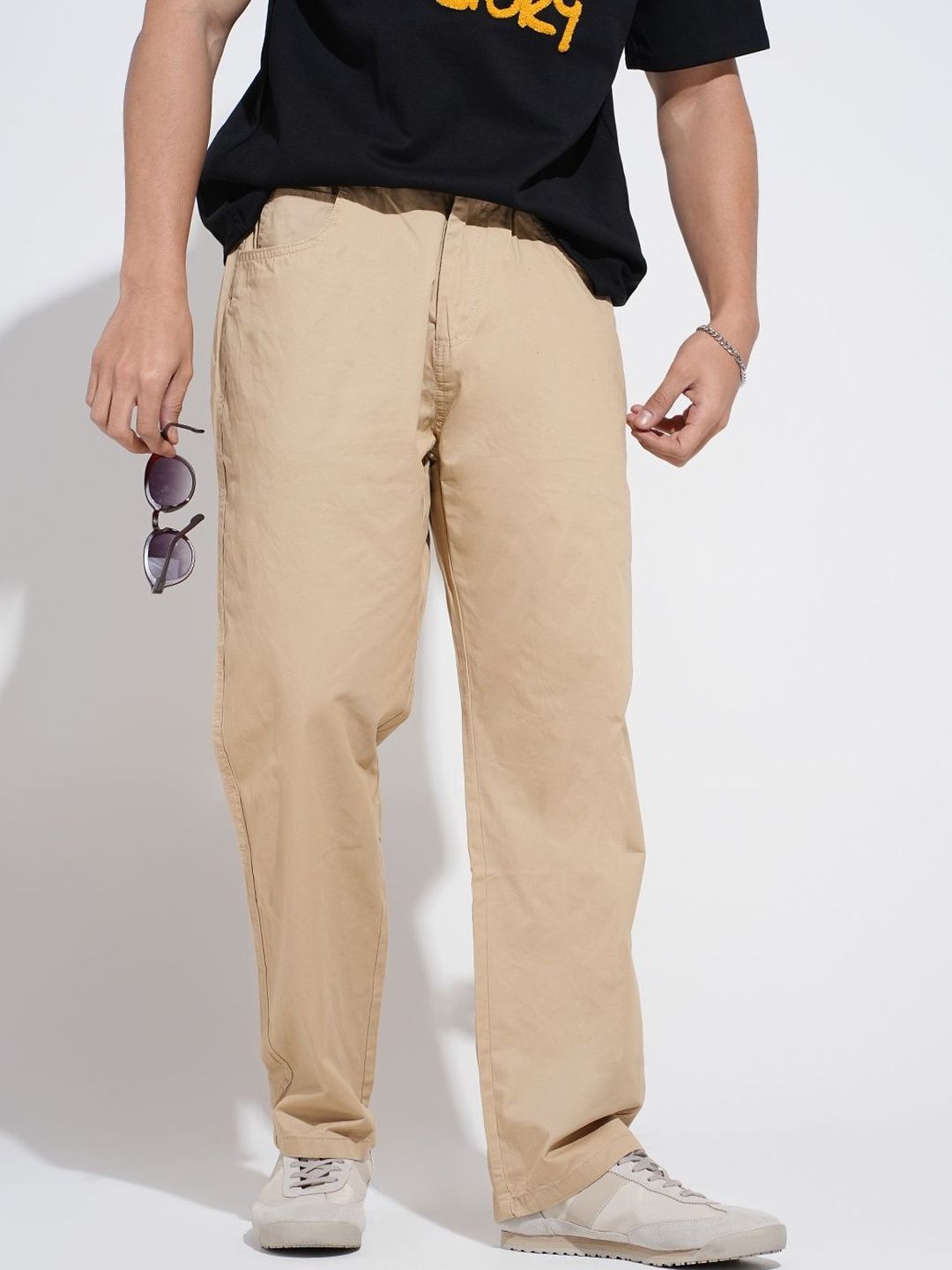 SHOWOFF Men Beige Straight Fit Cotton Regular Trousers-picture-29