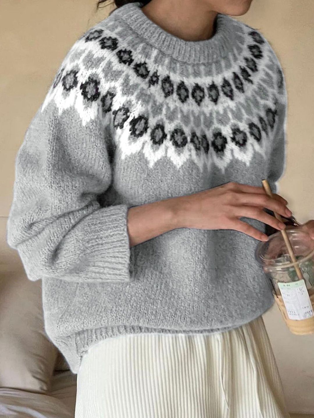 StyleCast x Revolte Floral Self Design Round Neck Acrylic Pullover-picture-13