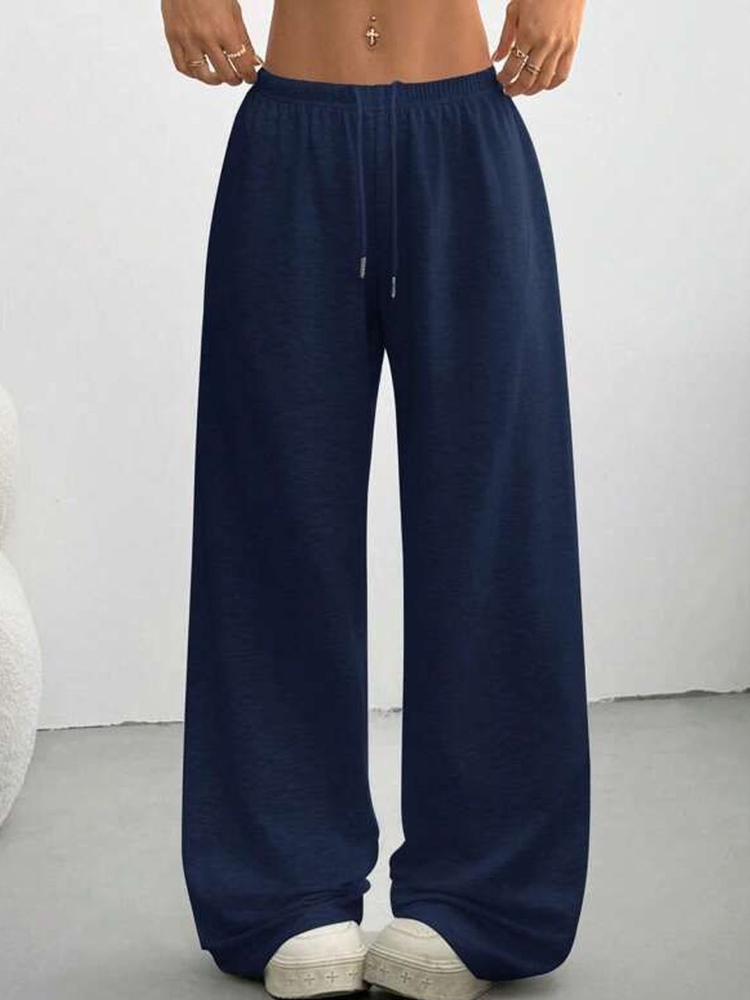 SZN Women Navy Blue Flared Cotton Parallel Trousers-image-4