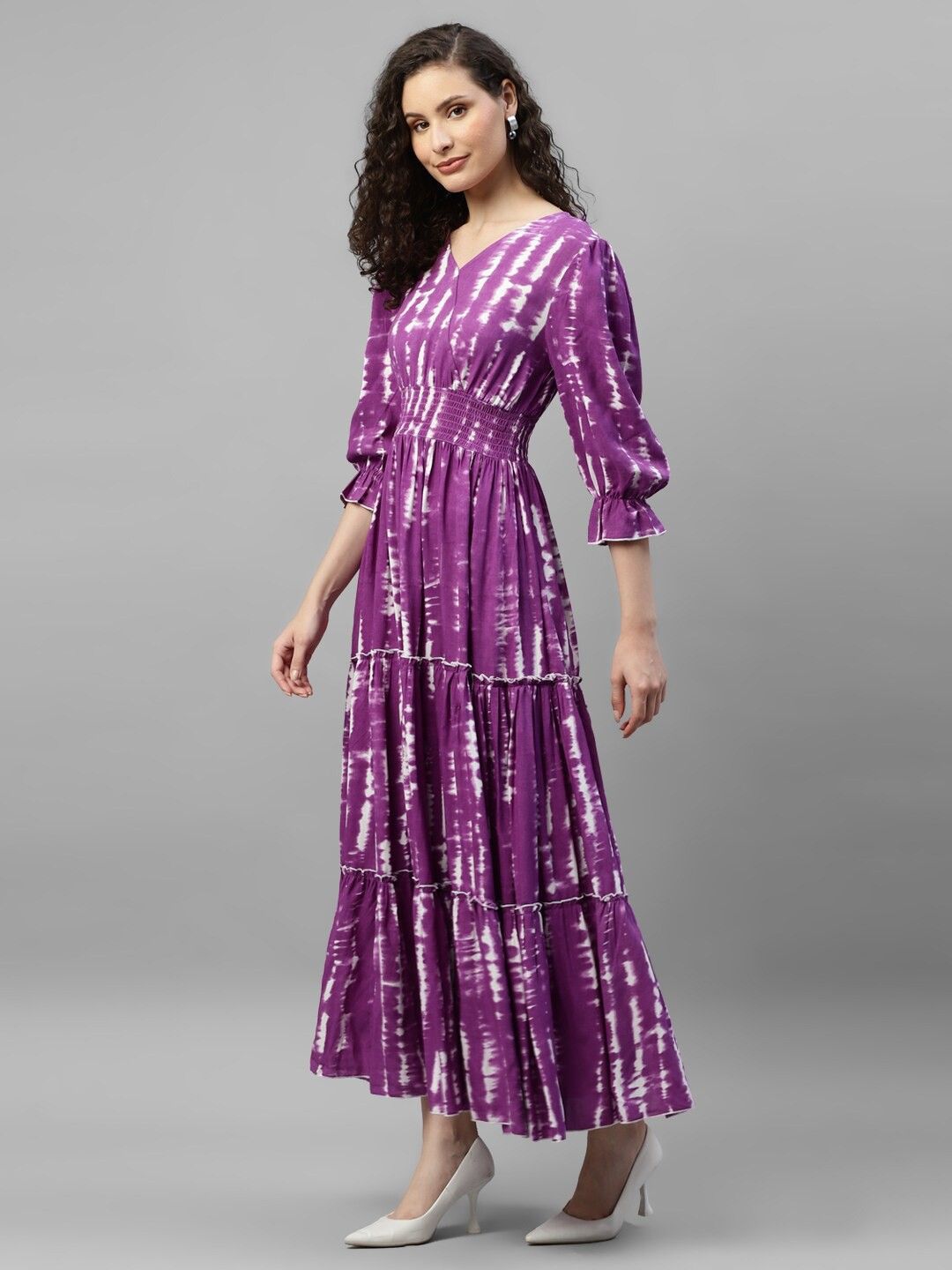 Raiyani Enterprise Tie and Dye V-Neck Tiered Crepe Wrap Maxi Dress-picture-14