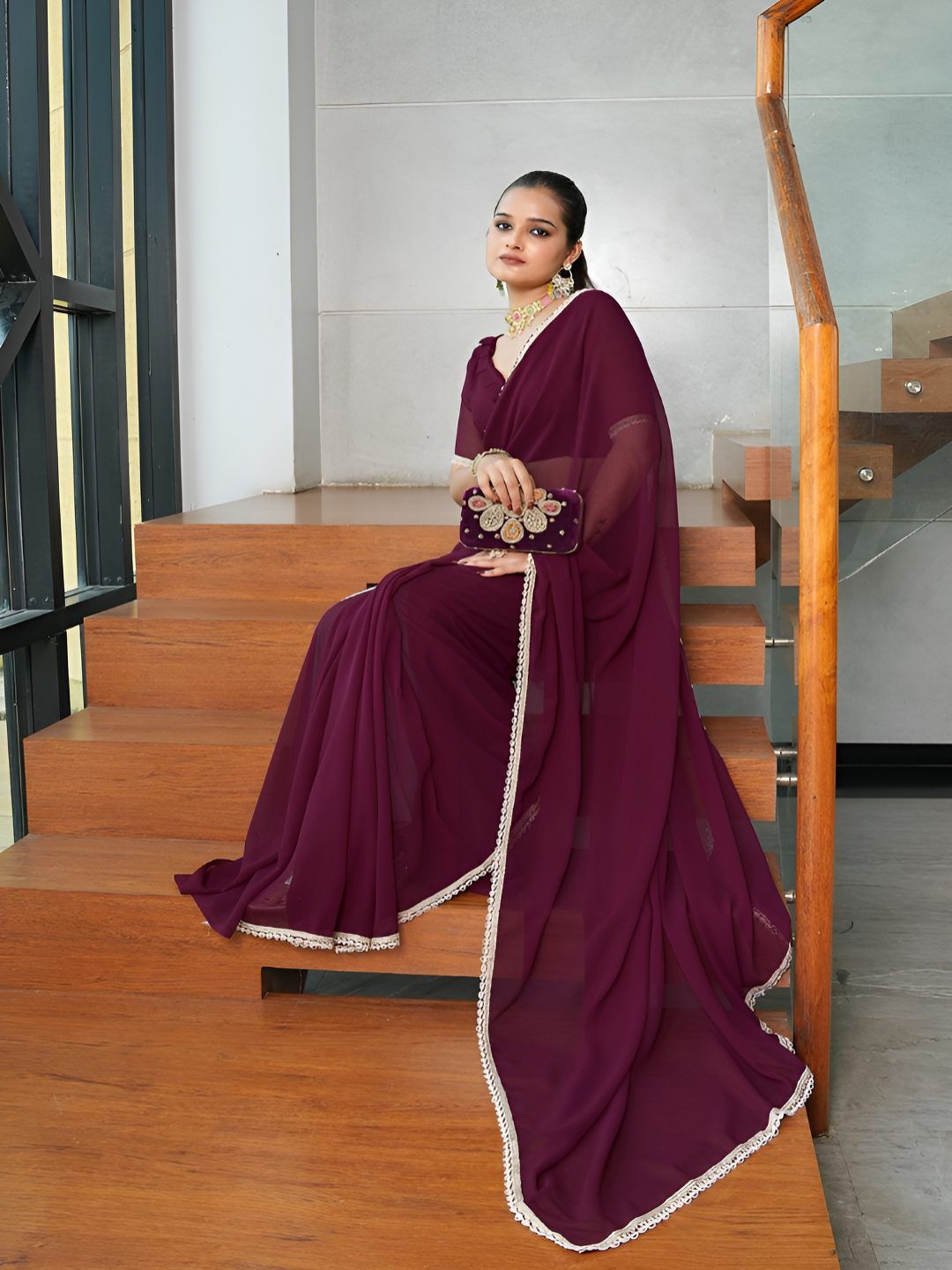 FABMORA Solid Gotta Patti Border Pure Georgette Saree-picture-38