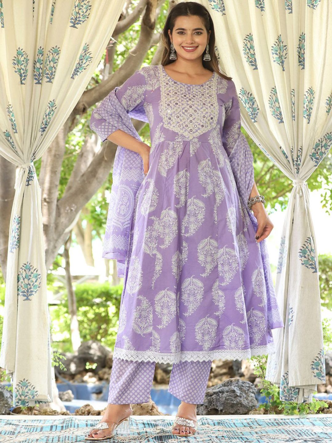 SINGNI Floral Printed Round Neck Pure Cotton A-Line Kurta With Trousers & Dupatta-picture-15