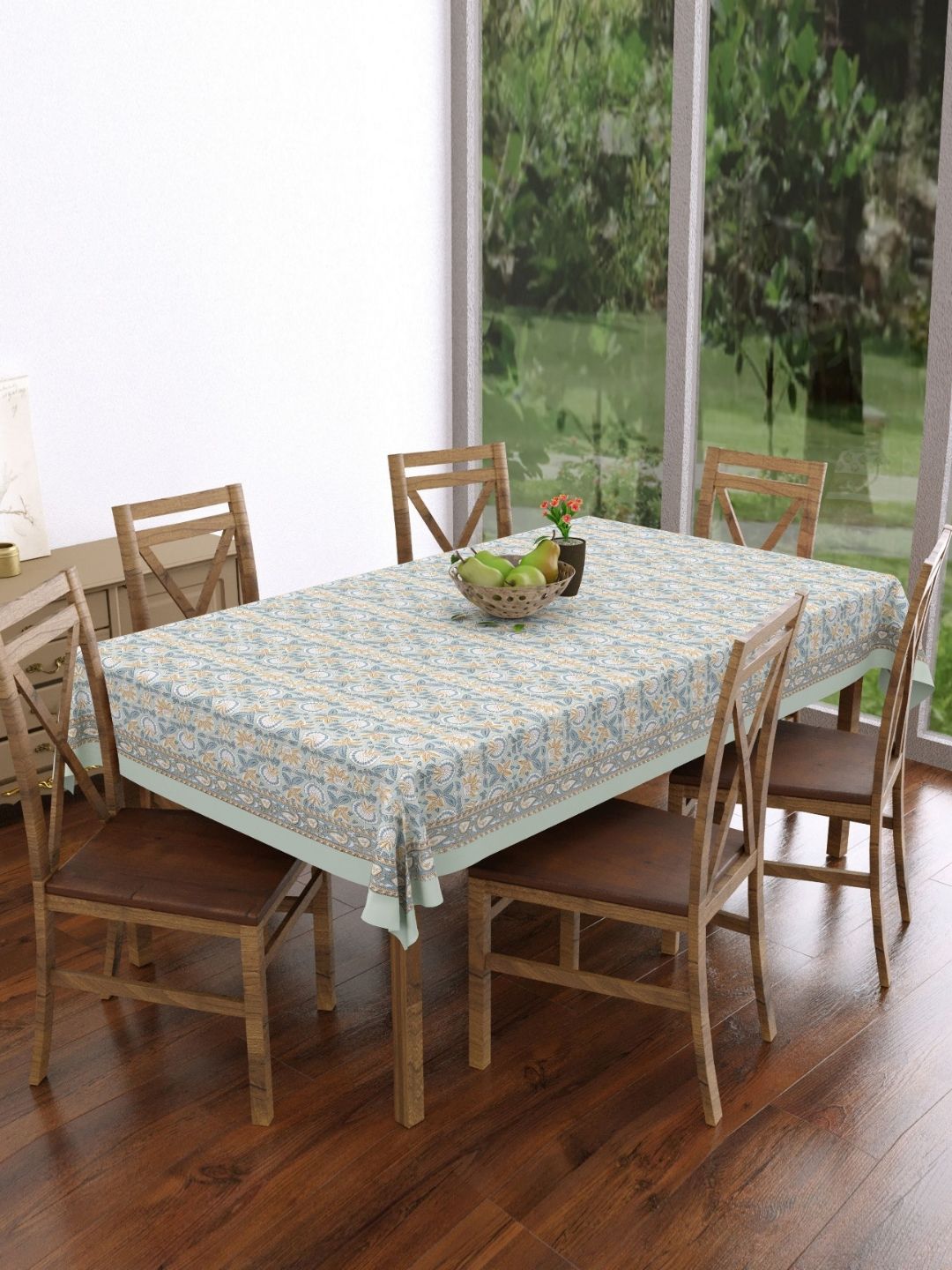 Texstylers Grey Floral Printed Rectangle Anti-Slip Pure Cotton 6-Seater Table Cover-picture-34
