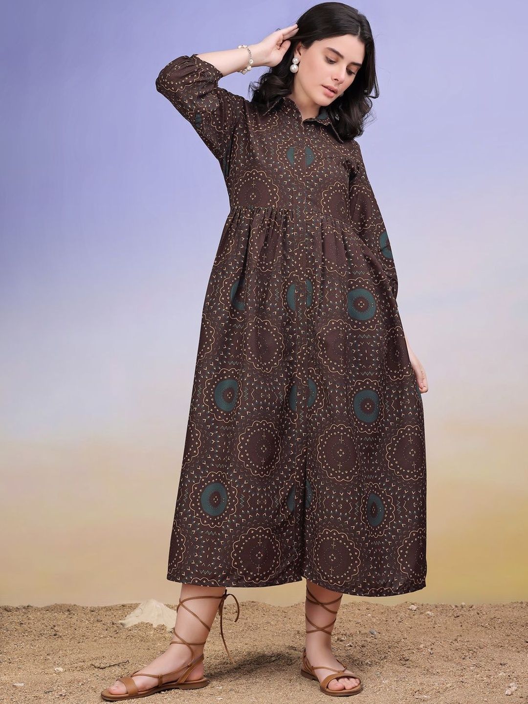 PURVAJA Women Ethnic Motifs Printed Shirt Collar Puff Sleeve Fit & Flare Midi Dress-picture-17